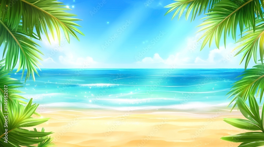 Tropical beach scene with palm leaves framing a sunny ocean view. Tropical beach scene with palm leaves framing a sunny ocean view.