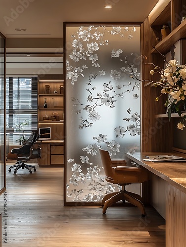 Glass partition with floral etched designs, placed in a serene home office to separate the working area from the rest the room.