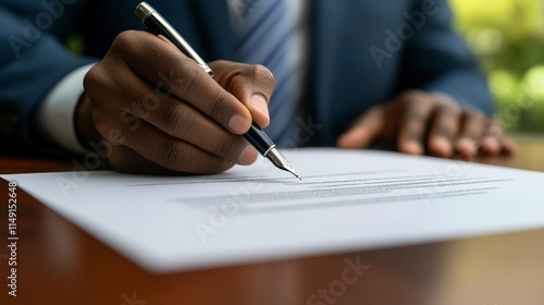 A close-up shot of a businessman signing an investment contract with a pen, sealing a professional business agreement and formalizing the deal. photo