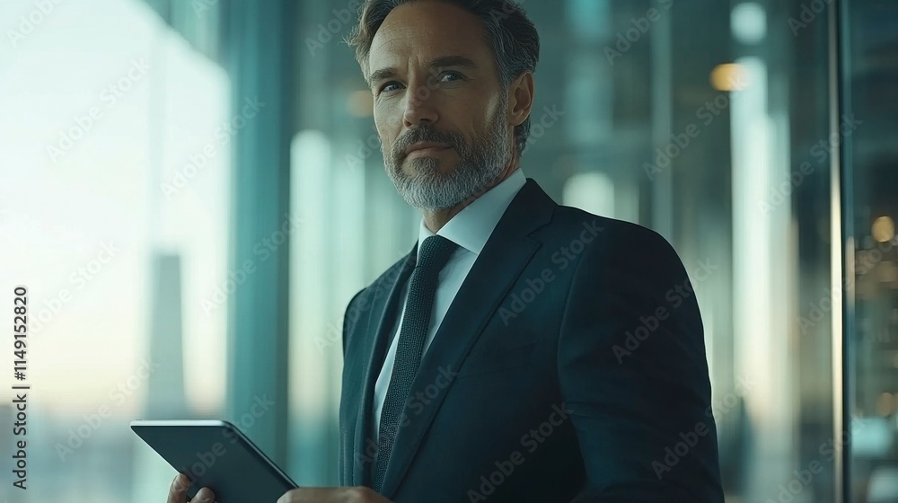 A businessman holding a tablet in his hand, focused on office productivity, symbolizing the use of technology to streamline tasks and improve work efficiency. A businessman holding a tablet in his hand, focused on office productivity, symbolizing the use of technology to streamline tasks and improve work efficiency.