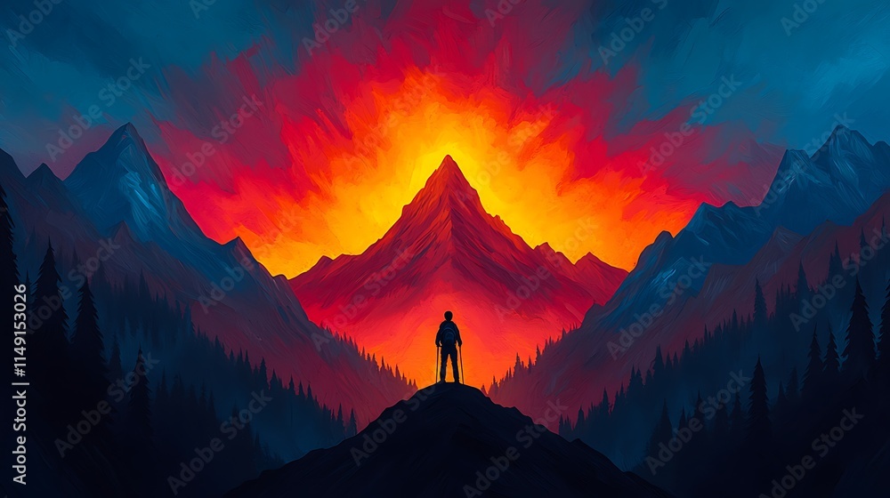 Lone Hiker Contemplates Fiery Mountain Sunset Lone Hiker Contemplates Fiery Mountain Sunset