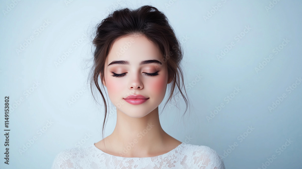 A serene young woman with closed eyes, soft makeup, and delicate hairstyle. A serene young woman with closed eyes, soft makeup, and delicate hairstyle.