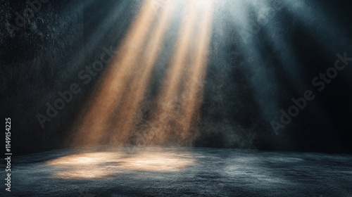 Light rays penetrate dark space creating ethereal atmosphere in abandoned area. 