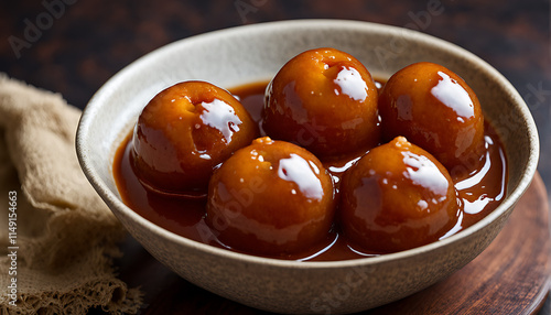 a bowl of gulab jamun and rasgula soaked in syrup photo