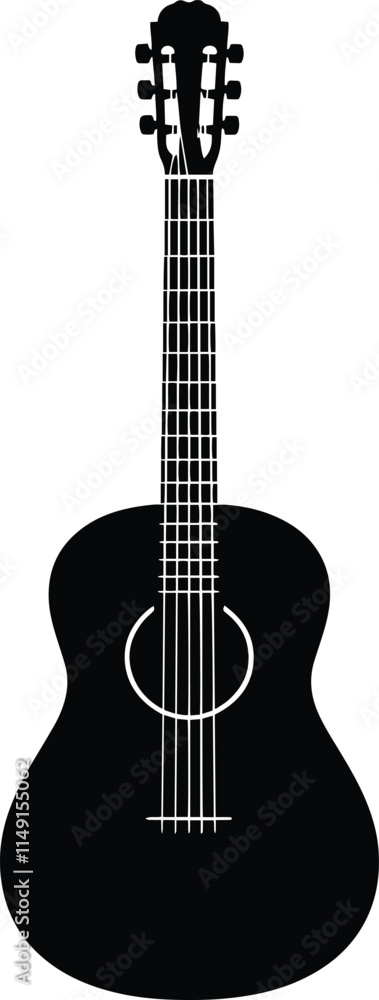Obraz premium Black Vector Silhouette of a Guitar Against a Pure White Background, Minimalist Design for Music and Art Themes