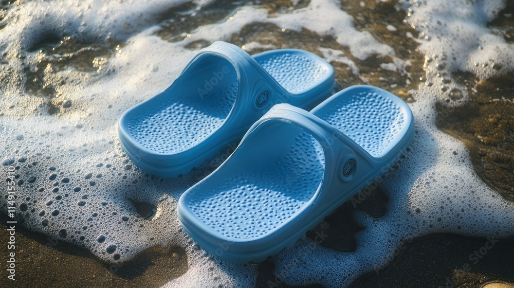 Naklejka premium Pair of beach-ready rubber sandals, light blue, durable soles 