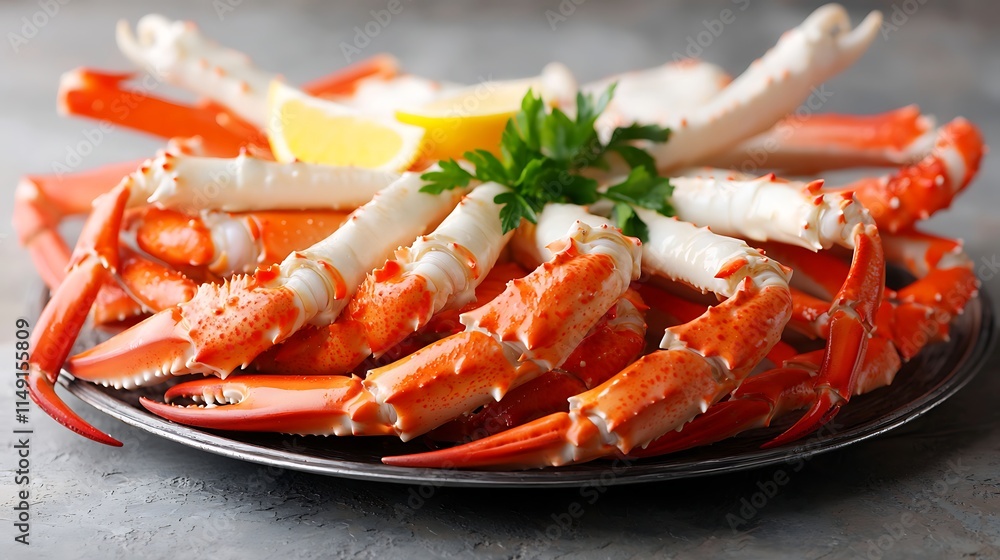 Delicious cooked crab legs arranged on a dark metal plate, garnished with lemon and parsley. Delicious cooked crab legs arranged on a dark metal plate, garnished with lemon and parsley.