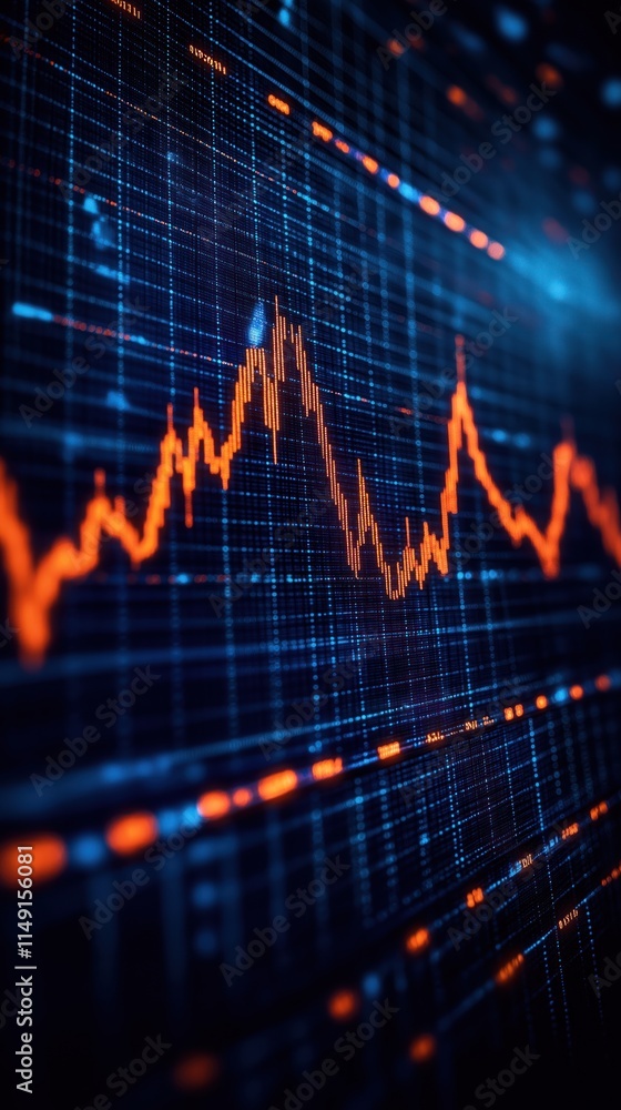 Digital chart shows stock market trends. Fluctuating lines illustrate market performance. Data visualization displays market growth, risk. Modern technology in finance. Business pro assesses stock Digital chart shows stock market trends. Fluctuating lines illustrate market performance. Data visualization displays market growth, risk. Modern technology in finance. Business pro assesses stock