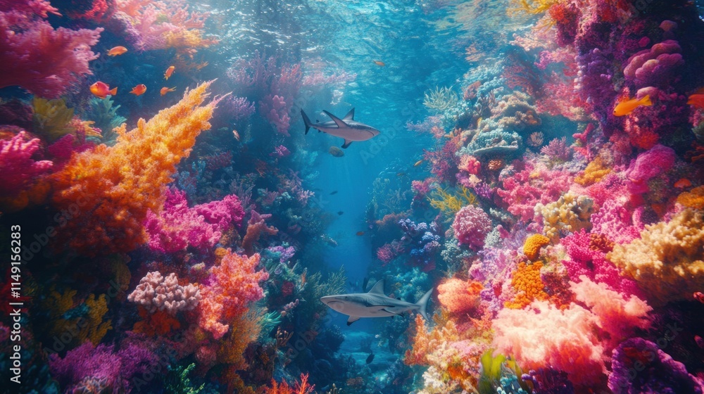 Vibrant coral reef teeming with life, two reef sharks swim through colorful coral formations and diverse fish. Vibrant coral reef teeming with life, two reef sharks swim through colorful coral formations and diverse fish.