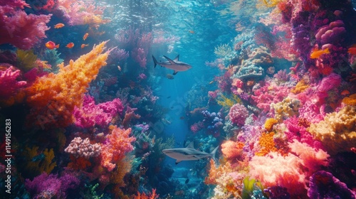 Wallpaper Mural Vibrant coral reef teeming with life, two reef sharks swim through colorful coral formations and diverse fish. Torontodigital.ca