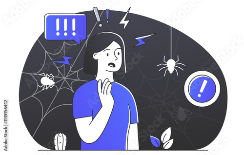 A woman suffering from arachnophobia. Mental issues and psychological problems. Nervous and panic attack. Flat cartoon vector illustration