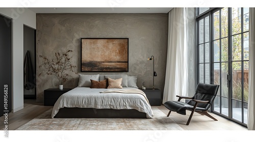 Light gray Venetian plaster on the walls a contemporary bedroom, paired with sleek black furniture