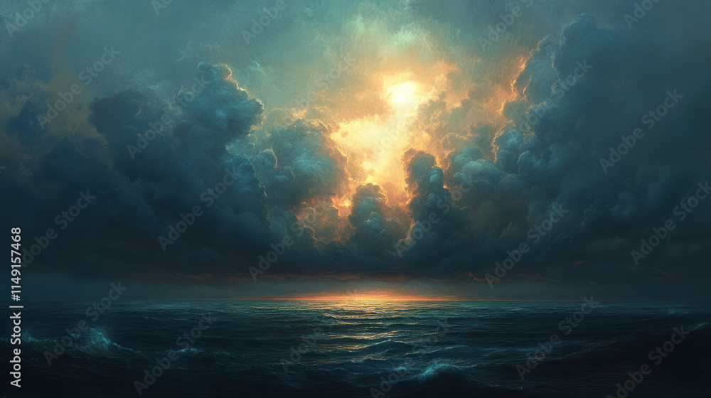 A breathtaking realistic image of a stormy horizon, towering cumulonimbus clouds in vivid shades of dark blue and slate gray, subtle golden light diffusing at the edges of the clouds, evoking a sense A breathtaking realistic image of a stormy horizon, towering cumulonimbus clouds in vivid shades of dark blue and slate gray, subtle golden light diffusing at the edges of the clouds, evoking a sense
