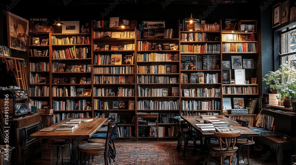 Cozy library cafe with wooden tables, bookshelves, and warm lighting for reading and relaxation. Cozy library cafe with wooden tables, bookshelves, and warm lighting for reading and relaxation.