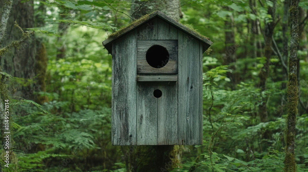Weathered birdhouse on tree in lush forest. Weathered birdhouse on tree in lush forest.