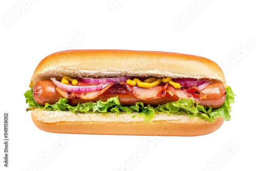 A delicious hot dog topped with lettuce, onions, and mustard, served in a soft bun.