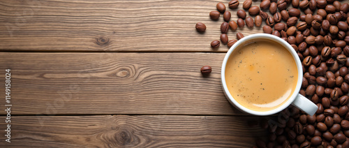 hot coffe and coffee bean on wooden background, top view, copy space, banner