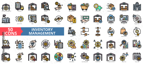 Inventory management icon collection set. Containing warehouse, company, industry, supply chain, storage, manufacturing, component icon. Simple flat vector illustration