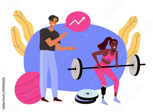 Vector illustration of a fitness trainer coaching a woman lifting a barbell. The woman has a prosthetic leg, symbolizing strength and inclusivity. Vibrant colors and motivational fitness concept