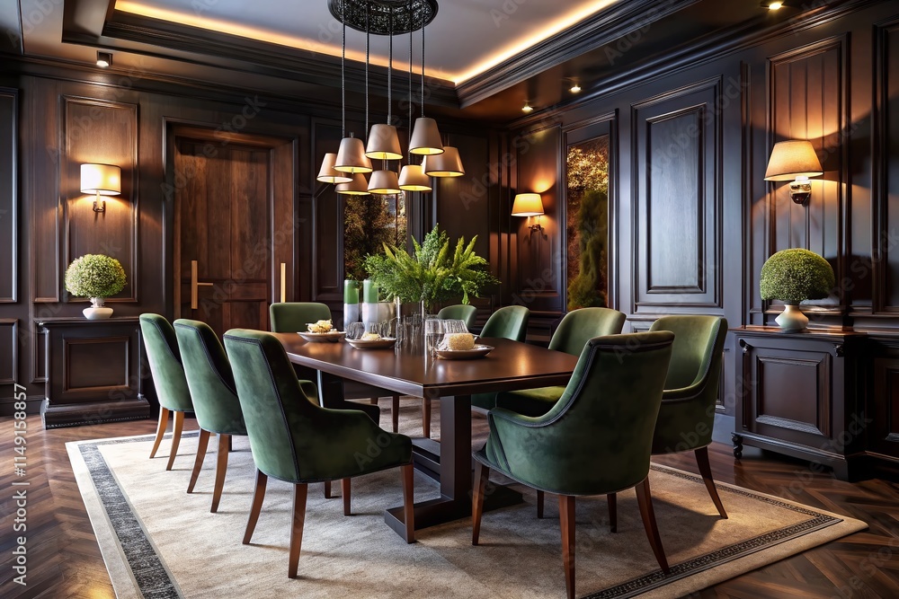 Luxurious Dark Wood Dining Room with Black Velvet Chairs & Pendant Lighting - Classic Elegant Interior Design Stock Photo Luxurious Dark Wood Dining Room with Black Velvet Chairs & Pendant Lighting - Classic Elegant Interior Design Stock Photo