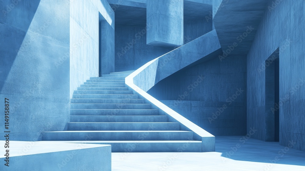 Obraz premium A minimalist interior featuring a spiral staircase and geometric concrete walls.