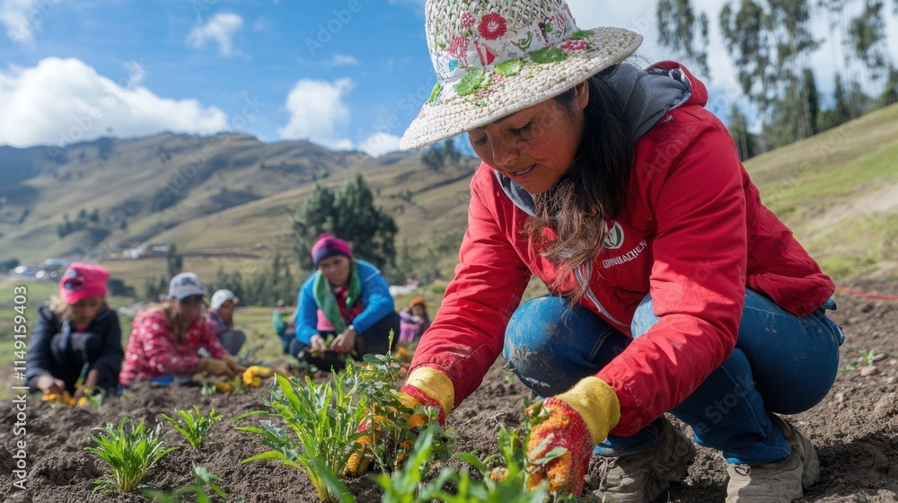 A woman in a hat tends to plants in a mountainous area, surrounded by others engaged in gardening, highlighting community agriculture. A woman in a hat tends to plants in a mountainous area, surrounded by others engaged in gardening, highlighting community agriculture.