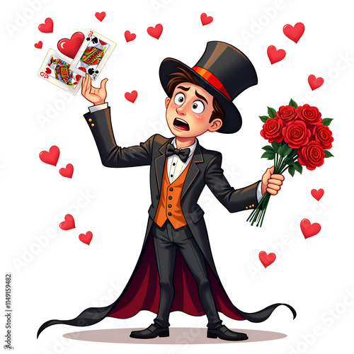 A charming magician with roses and cards surrounded by hearts, perfect for valentine s day themes, digital illustration of character concept. photo