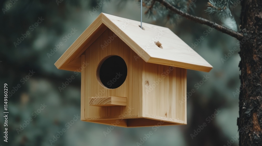 Wooden birdhouse hanging on a tree branch.