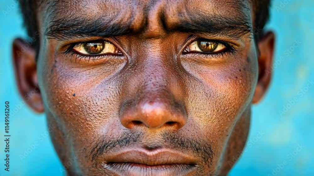 Portrait of a young man with intense gaze against a vibrant blue backdrop showcasing cultural expression Portrait of a young man with intense gaze against a vibrant blue backdrop showcasing cultural expression