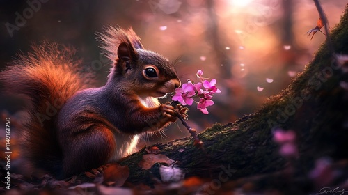 Adorable Red Squirrel Delicately Sniffing Pink Blossoms in a Magical Forest Setting photo