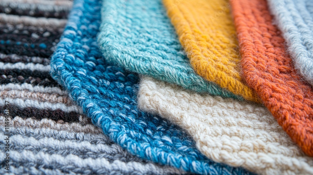 A close-up of colorful knitted fabric swatches arranged in a layered manner. A close-up of colorful knitted fabric swatches arranged in a layered manner.