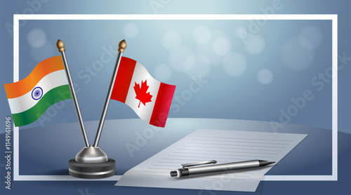 India and Canada National flags on small table with bokeh background, cooperative relationship