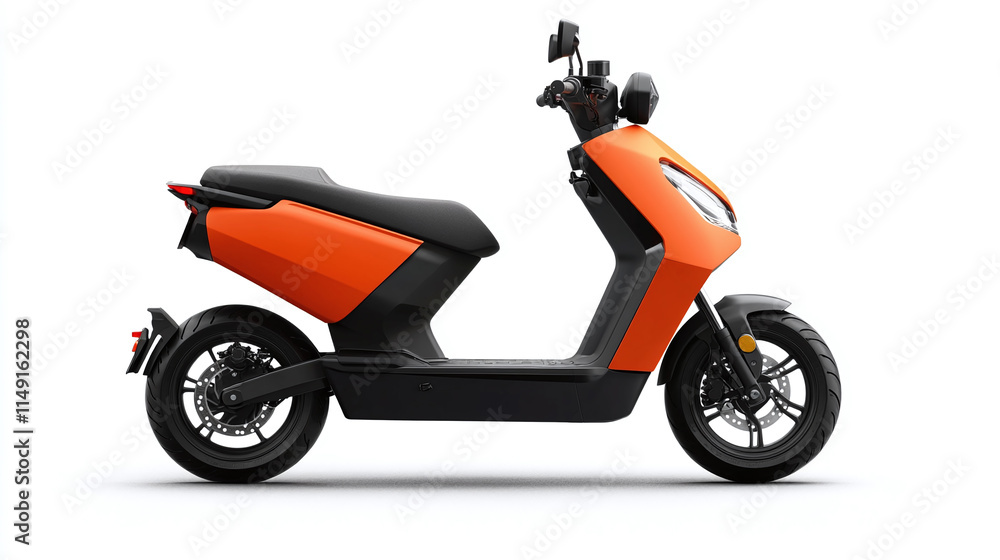 Orange and black electric scooter side view, isolated on white background. ecology friendly battery technology vehicle for drive or ride transport, urban e-scooter bike, gadget, travel, energy. Orange and black electric scooter side view, isolated on white background. ecology friendly battery technology vehicle for drive or ride transport, urban e-scooter bike, gadget, travel, energy.