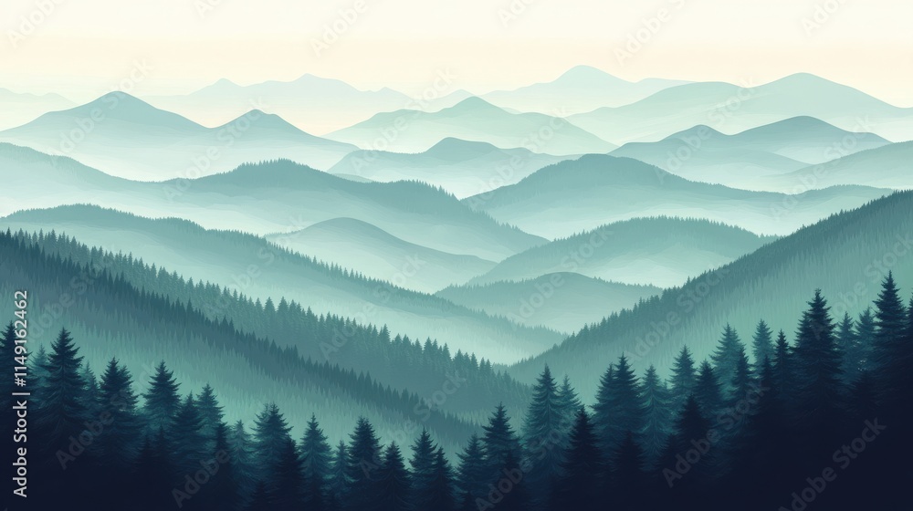 Serene Mountain Landscape with Layered Valleys and Pine Forests Serene Mountain Landscape with Layered Valleys and Pine Forests