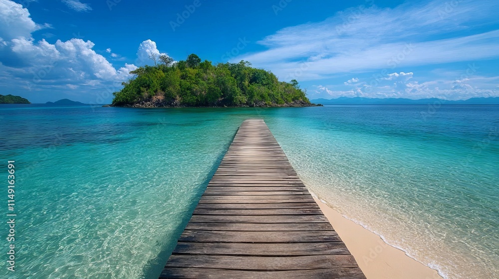 Fototapeta premium A small island with a sandy beach and a wooden pier stretching into the crystal-clear water.