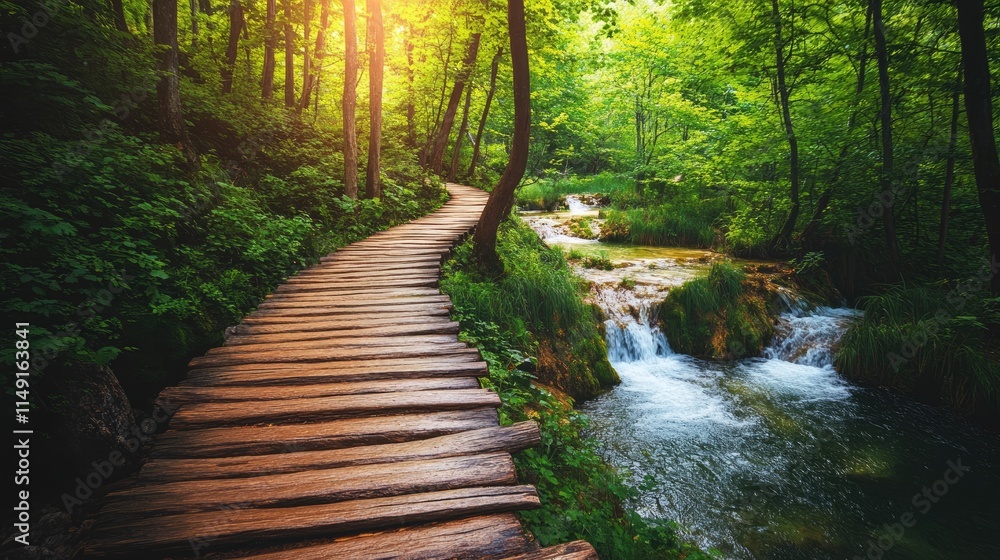 Fototapeta premium Wooden Pathway Through Lush Forest