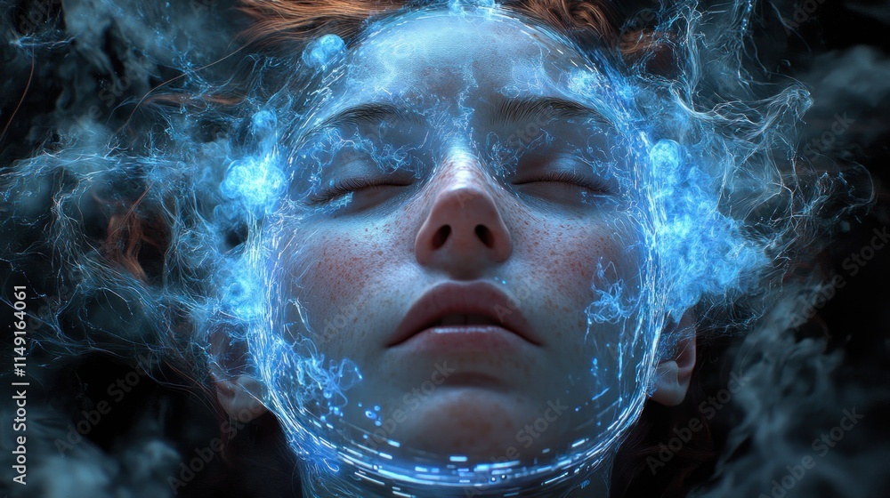 Close-up of a girl's face surrounded by a glowing, ethereal orb. Close-up of a girl's face surrounded by a glowing, ethereal orb.