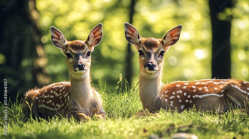 Two Fawn Deer Resting in Grass Two Fawn Deer Resting in Grass