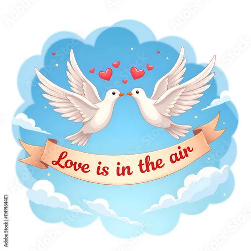 Charming illustration of two doves symbolizing love in a tranquil sky with hearts, digital art of romantic theme concept. photo