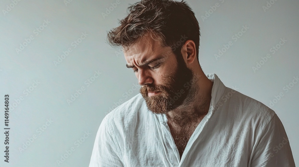 Fototapeta premium Sad Portrait of a Bearded Man in a Casual White Shirt