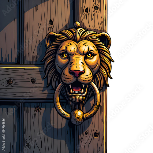 Majestic lion door knocker on weathered wooden door   a blend of timeless charm and craftsmanship, digital art of object focus concept. photo