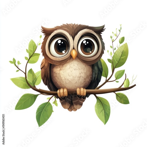 Adorable cartoon owl perched on a branch. photo