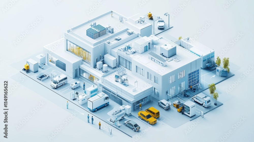 Fototapeta premium A white and blue building with a lot of cars and trucks parked in front of it. Generative AI