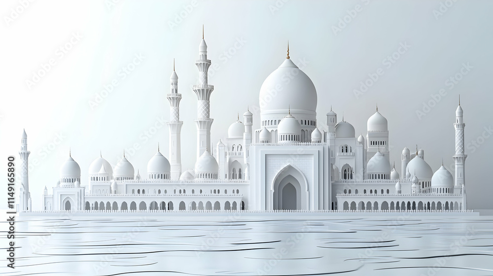 Fototapeta premium A serene white architectural structure resembling a mosque, surrounded by water.