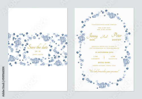 Wedding invitation template set of delicate blue flowers and vines on a white background, creating a romantic and vintage feel