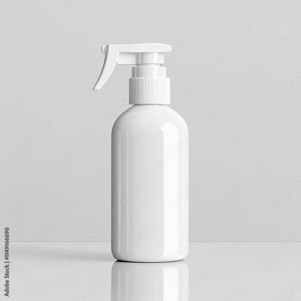 Minimalist spray bottle mockup, glossy white surface with no labels, resting on a reflective studio floor, softly lit. Minimalist spray bottle mockup, glossy white surface with no labels, resting on a reflective studio floor, softly lit.