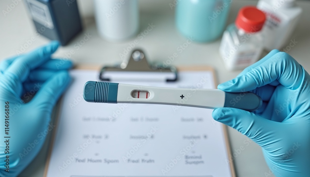 The test kit shows a result with two lines on the display, held in gloved hands, surrounded by medical supplies The test kit shows a result with two lines on the display, held in gloved hands, surrounded by medical supplies