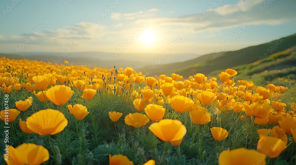Naklejka premium Golden poppy blossoms scenic hillside nature photography sunrise