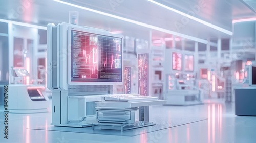 A computer monitor is on a white desk in a room with a neon pink glow. Generative AI