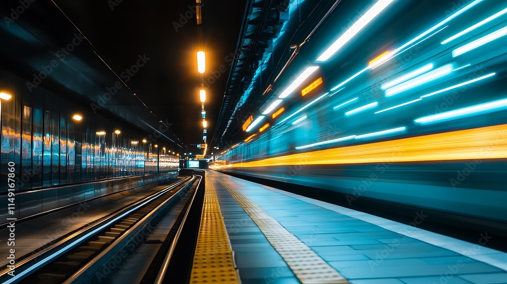 Fast train at night. Concept of modern transportation, speed, and urban life. Fast train at night. Concept of modern transportation, speed, and urban life.